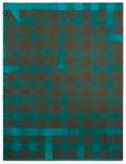 Cheryl Donegan; Untitled (teal and deep khaki on red), 2014; acrylic on jute; 40 x 30 in.